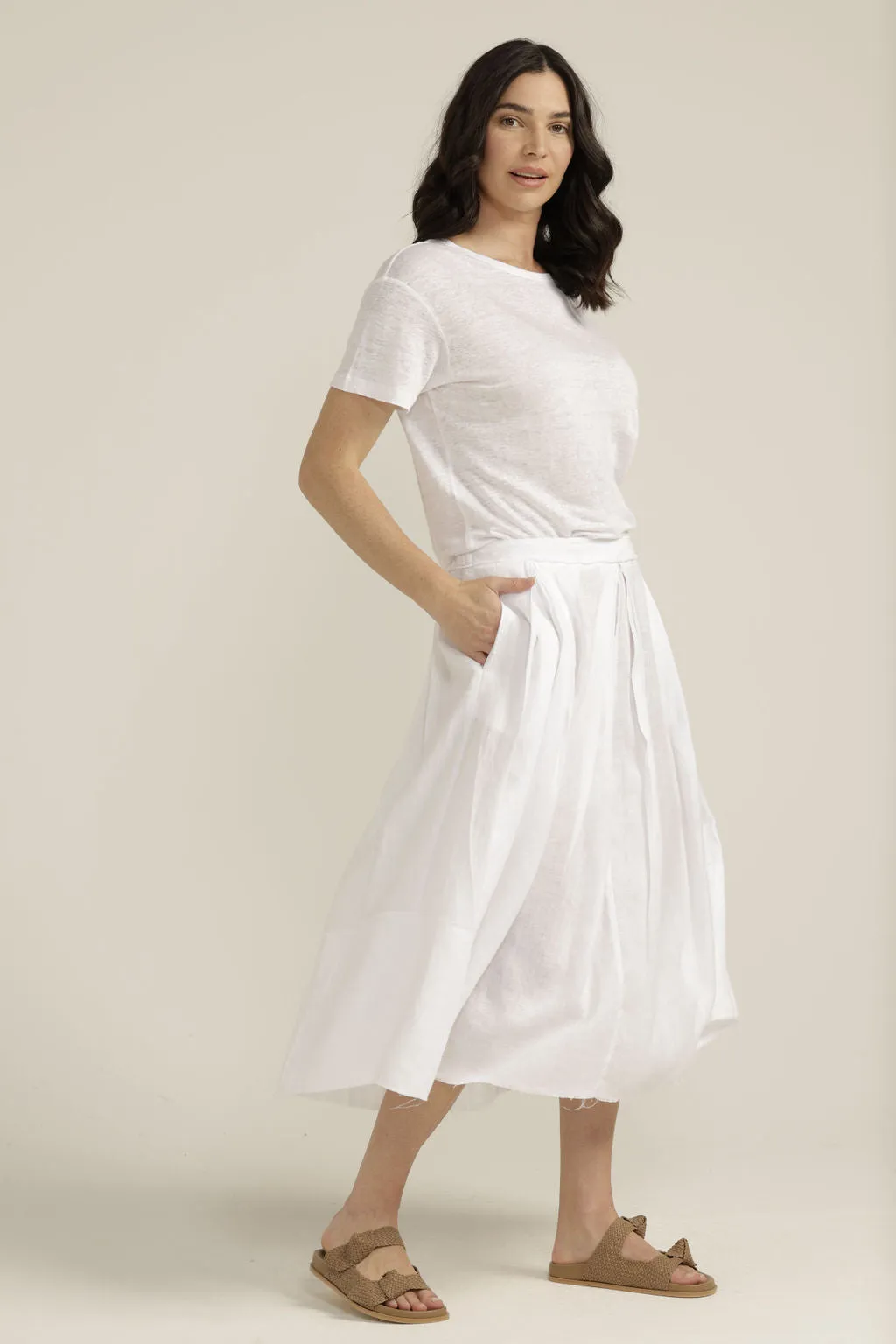 Linen Pleated Full Skirt White