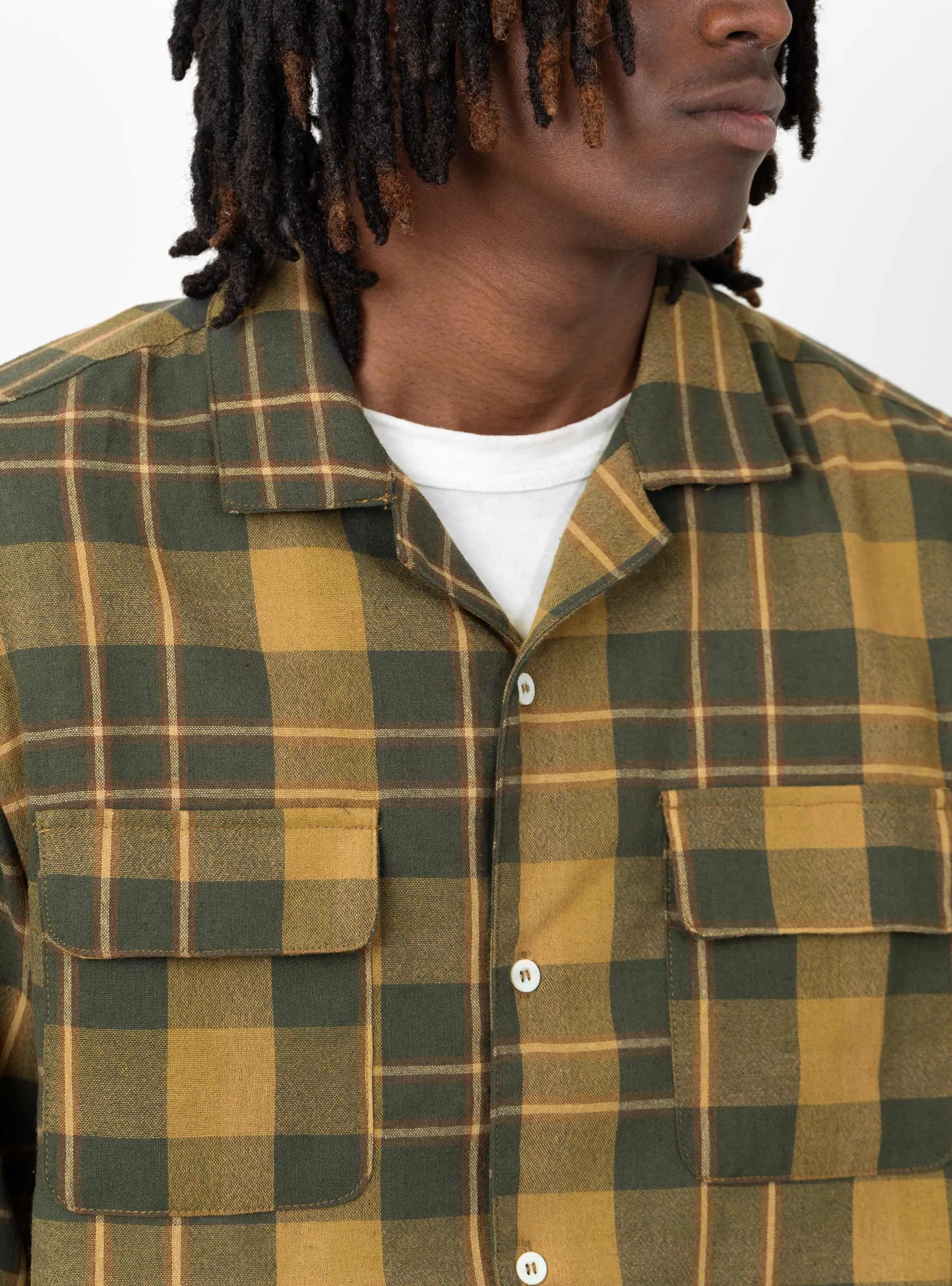 Long Sleeve Camp Collar Olive Plaid