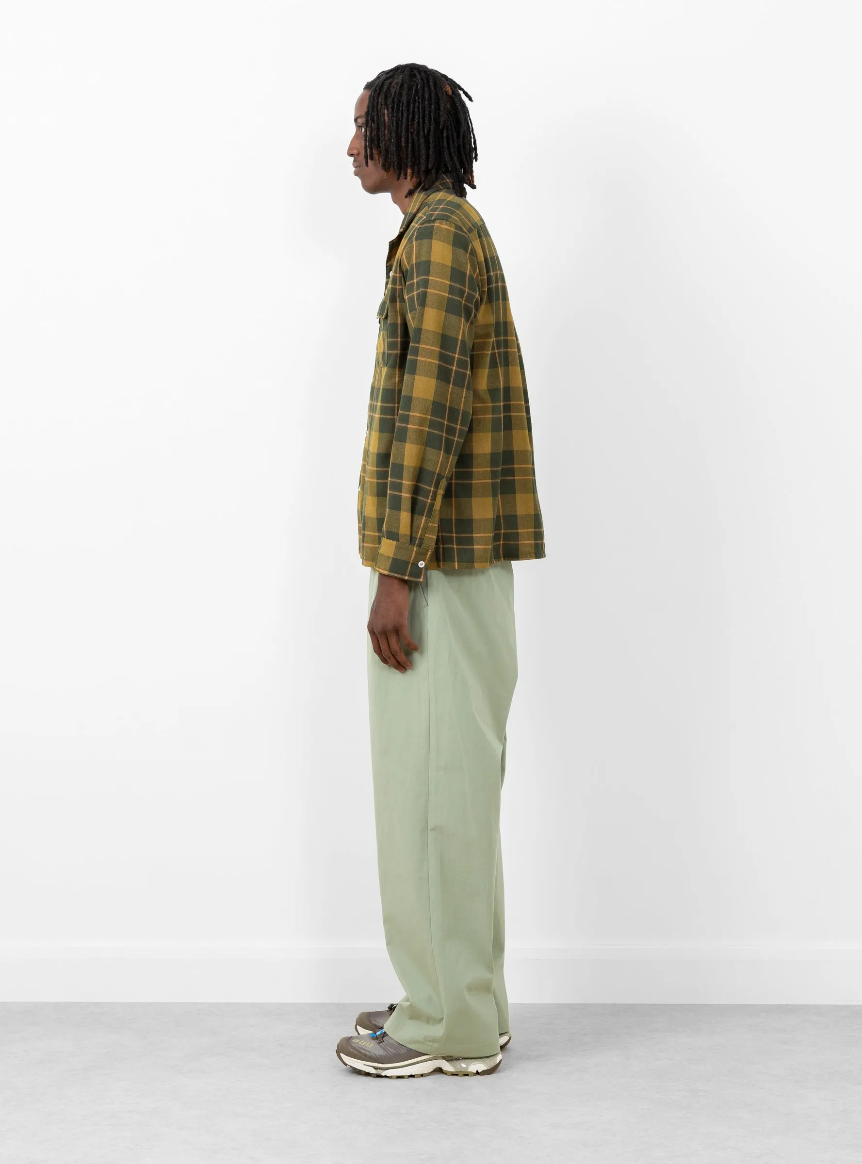 Long Sleeve Camp Collar Olive Plaid