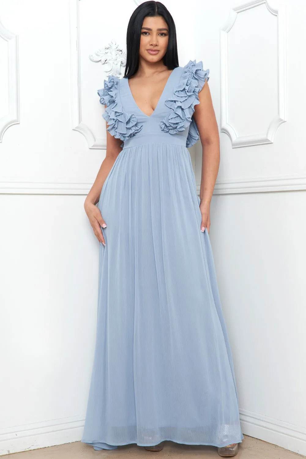 Lt Blue Layered Ruffle On The Side Maxi Dress