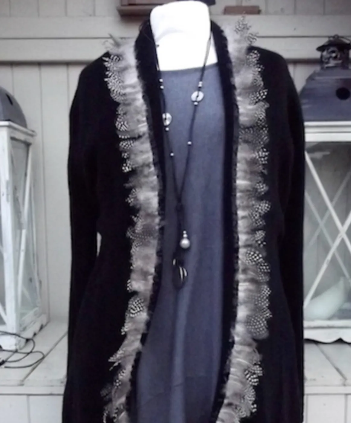 Luxury 100% Cashmere Coat with Guinea Fowl Feather Trim in Jet Black By Feathers Of Italy