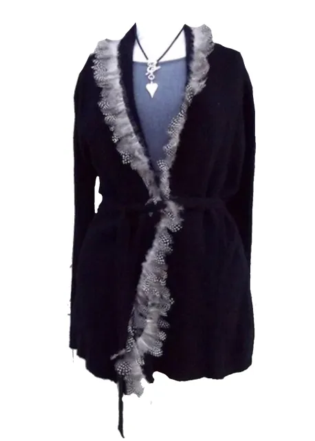 Luxury 100% Cashmere Coat with Guinea Fowl Feather Trim in Jet Black By Feathers Of Italy