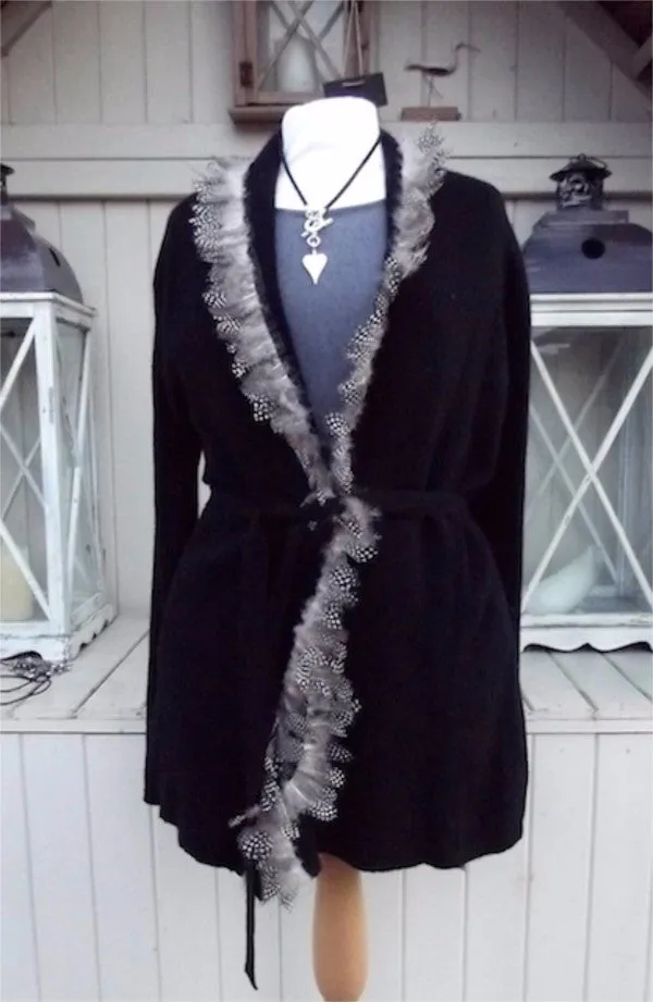 Luxury 100% Cashmere Coat with Guinea Fowl Feather Trim in Jet Black By Feathers Of Italy