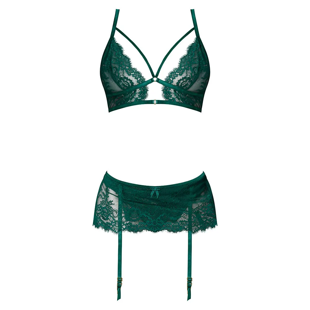 Magic Silk Evermore Bralette, Garter Skirt & Thong Set Emerald L/XL