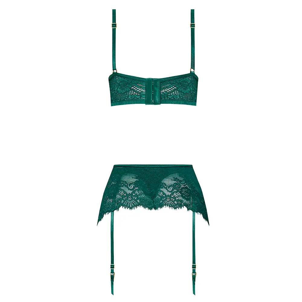 Magic Silk Evermore Bralette, Garter Skirt & Thong Set Emerald L/XL