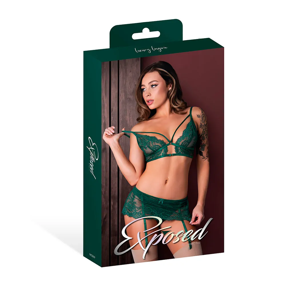 Magic Silk Evermore Bralette, Garter Skirt & Thong Set Emerald L/XL