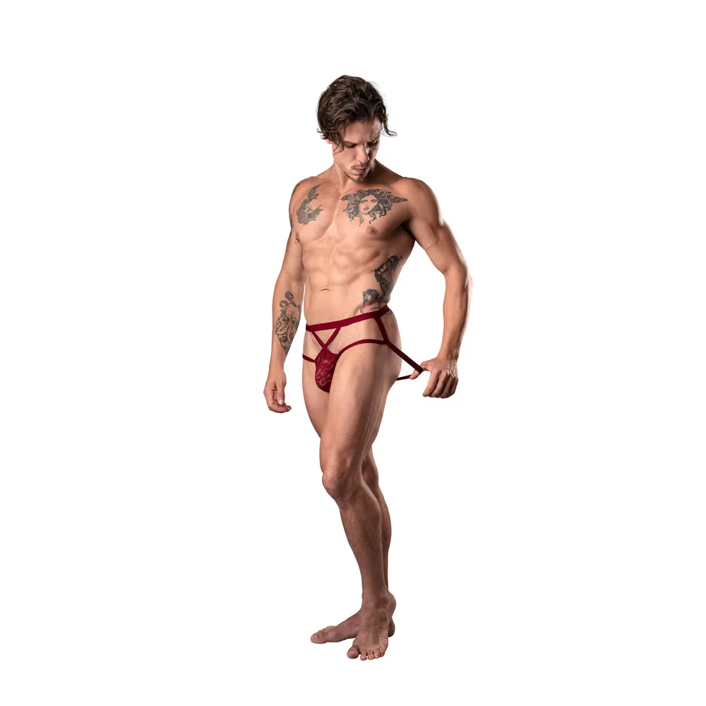 Male Power Lucifer Strappy Jock Burgundy S/M