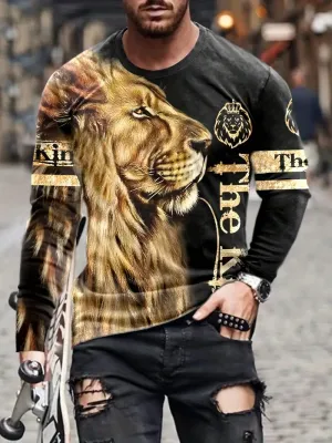 Men's Black & Gold "The King" Long Sleeve Lion Graphic Top