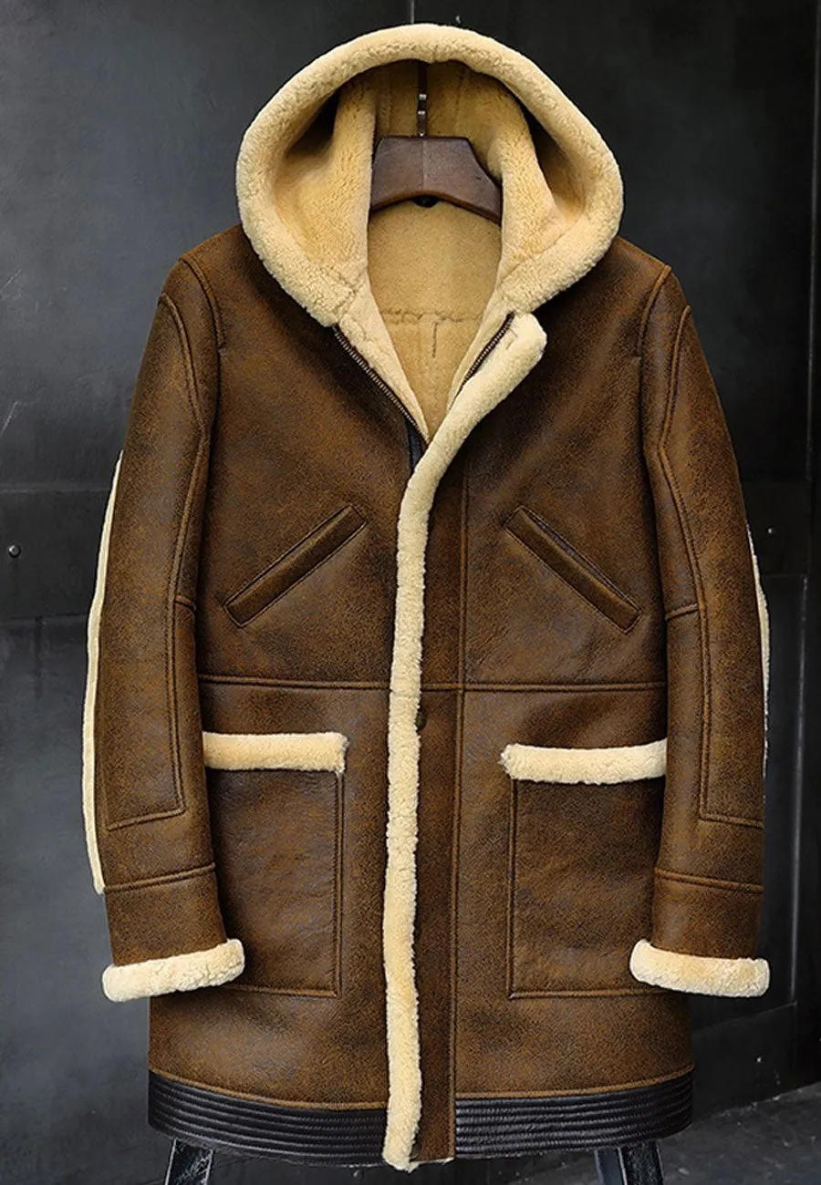 Men’s Camel Brown Leather Shearling Hooded Long Coat