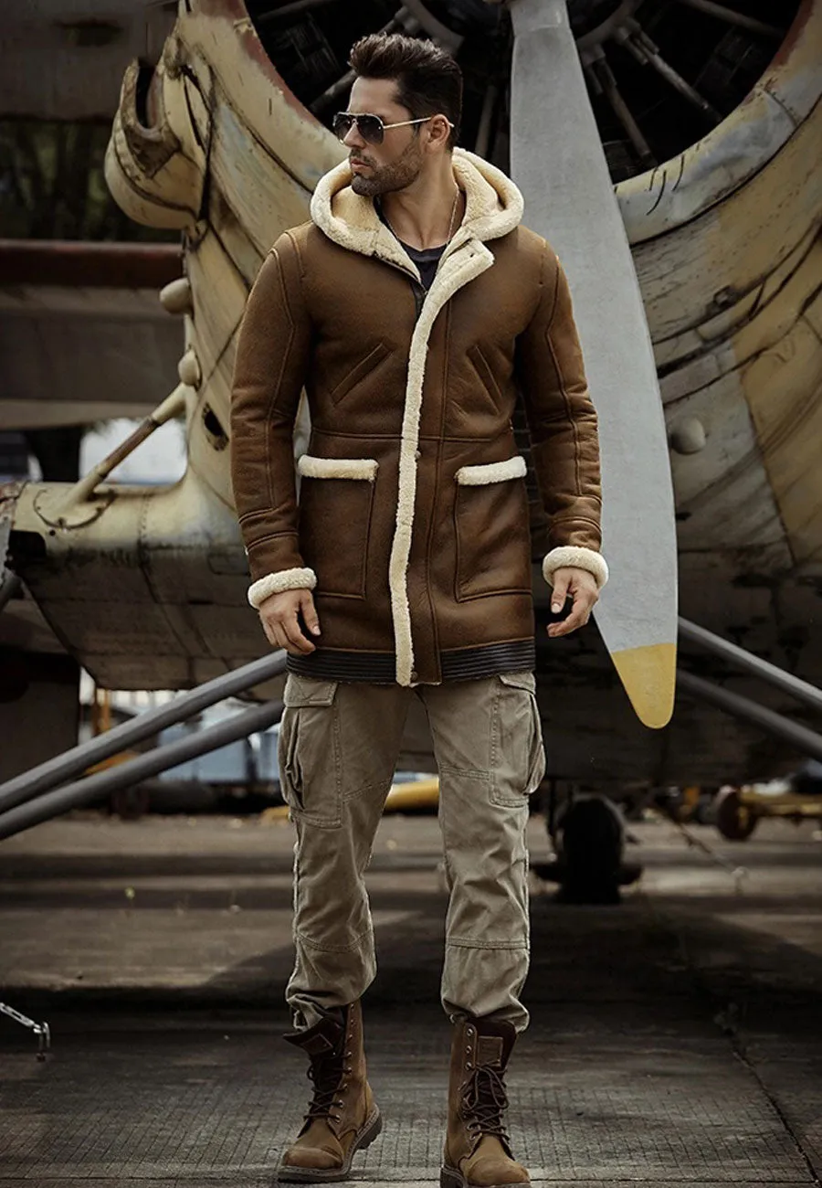 Men’s Camel Brown Leather Shearling Hooded Long Coat