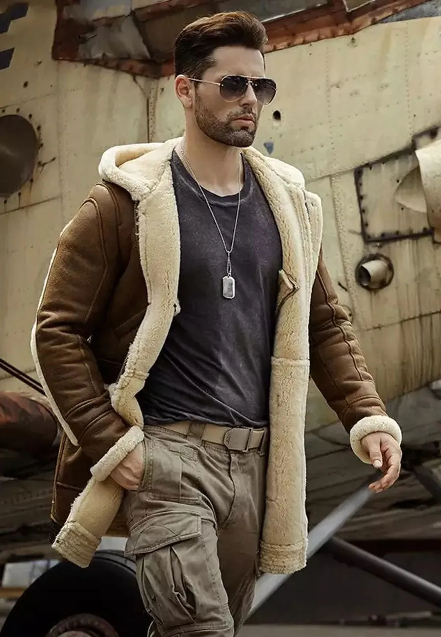 Men’s Camel Brown Leather Shearling Hooded Long Coat