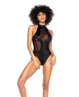 Mesh & Wet Look Halter Bodysuit Black