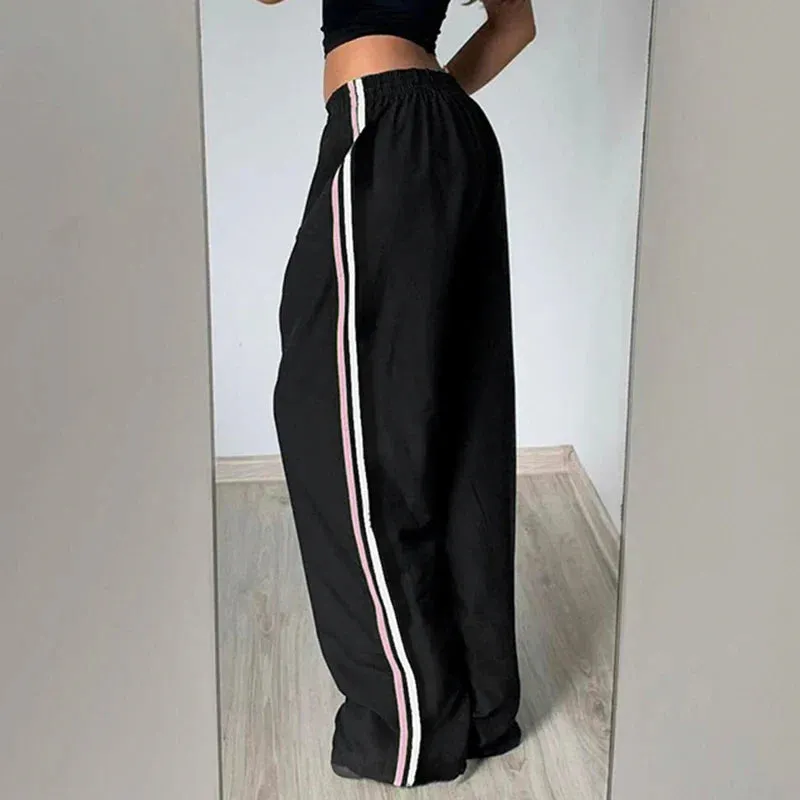 Metaversmall Streetwear Side Stripe Spliced Baggy Women Trousers Basic Harajuku Elastic Waist Casual Joggers Pants Straight Bottom