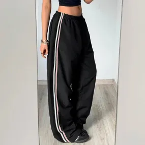 Metaversmall Streetwear Side Stripe Spliced Baggy Women Trousers Basic Harajuku Elastic Waist Casual Joggers Pants Straight Bottom