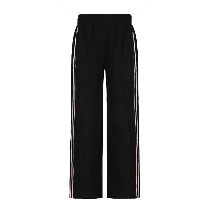 Metaversmall Streetwear Side Stripe Spliced Baggy Women Trousers Basic Harajuku Elastic Waist Casual Joggers Pants Straight Bottom