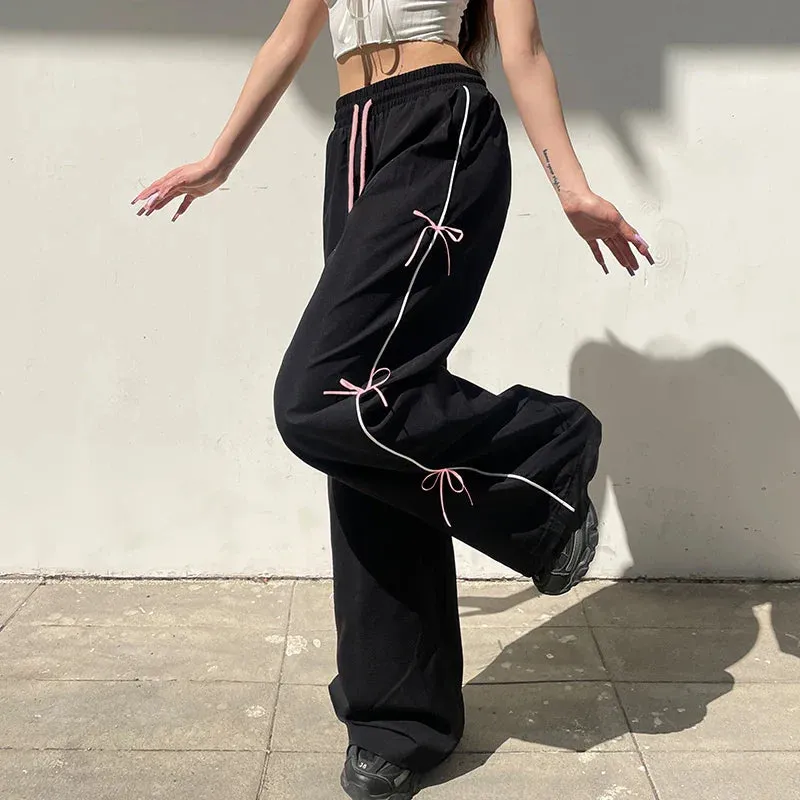 Metaversmall Streetwear Stripe Loose Women Pants Sweet Coquette Clothes Straight Leg Bow Sporty Trousers Cutecore Joggers Outfits