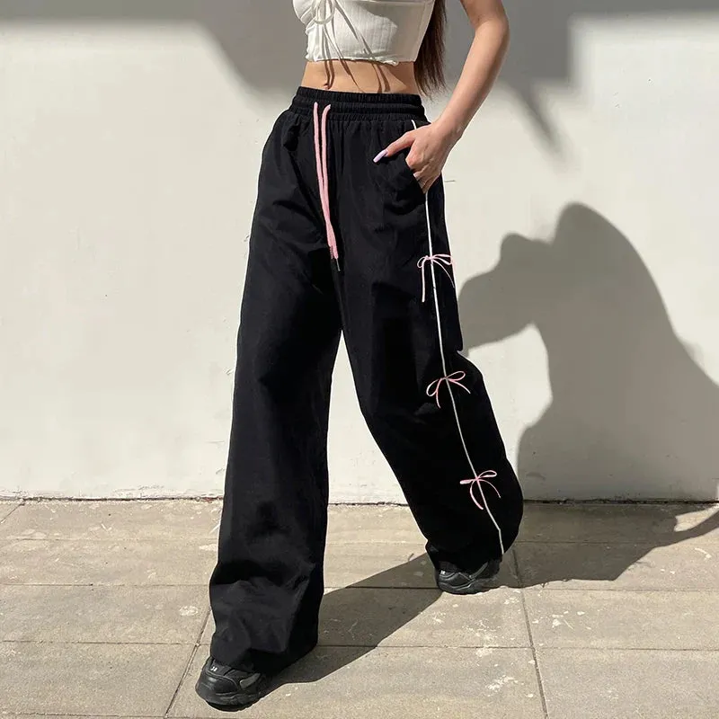 Metaversmall Streetwear Stripe Loose Women Pants Sweet Coquette Clothes Straight Leg Bow Sporty Trousers Cutecore Joggers Outfits