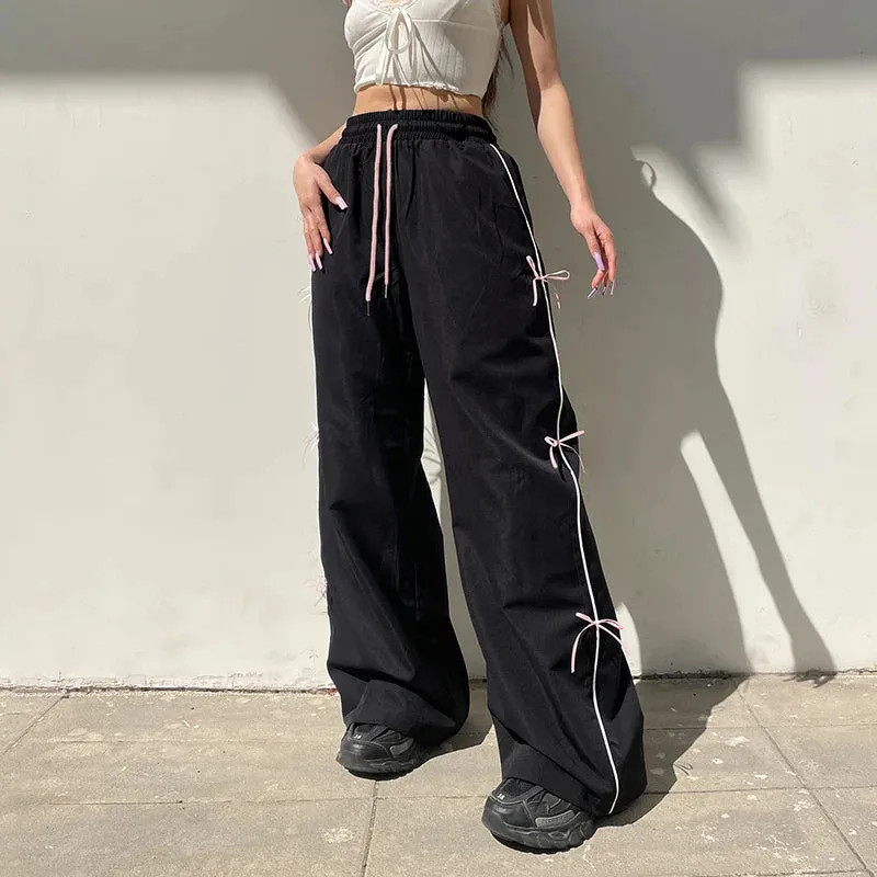 Metaversmall Streetwear Stripe Loose Women Pants Sweet Coquette Clothes Straight Leg Bow Sporty Trousers Cutecore Joggers Outfits