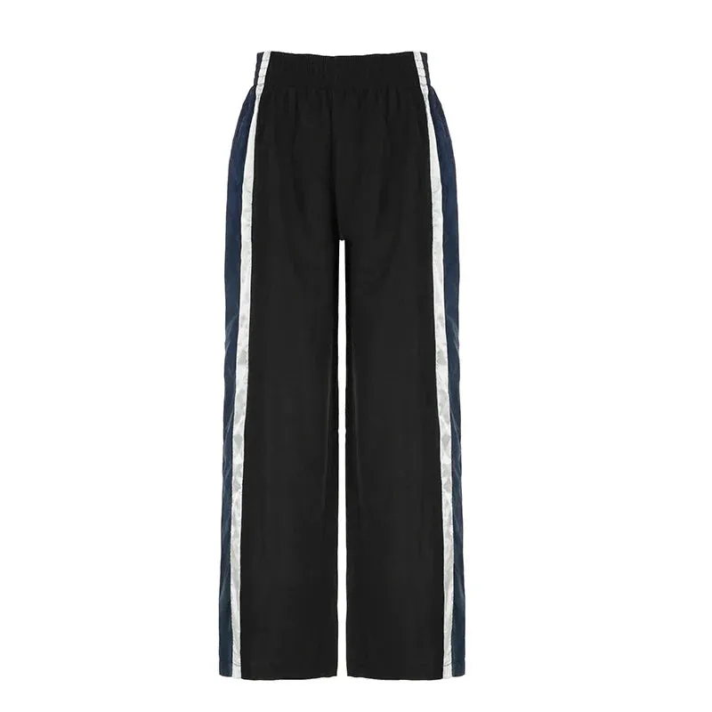 Metaversmall Streetwear Stripe Spliced Women Trousers Straight Leg Casual Baggy Joggers Sporty Chic Pants Basic Bottoms Contrast