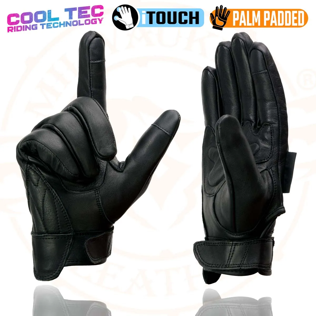 Milwaukee Leather MG7502 Men's Black Leather ‘Cool-Tec’ with i-Touch Screen Compatible Gel Palm Motorcycle Hand Gloves