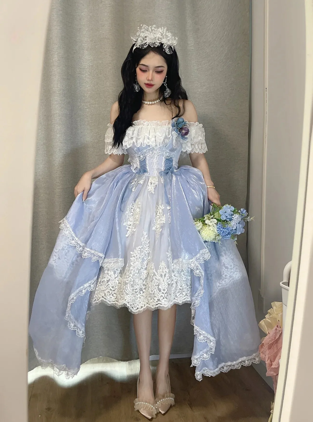 Mqtime Lolita Dress Flower Wedding Poncho Daily Wear Princess Jsk Dress Bowknot Princess Chiffon Gothic Sweet Girls Beautiful Lace Set