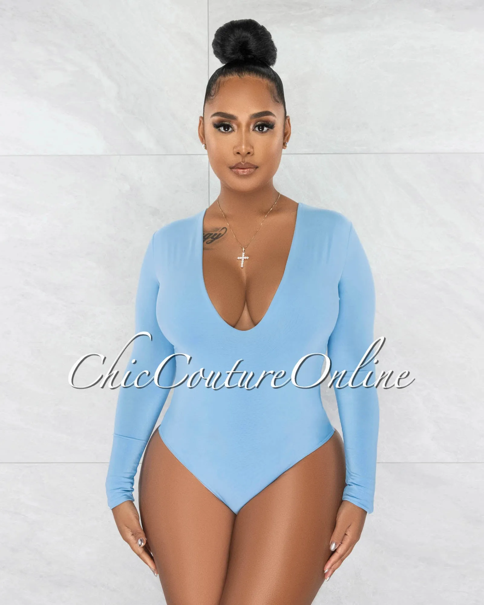 Nilam Baby Blue Deep V Neck Long Sleeves Bodysuit