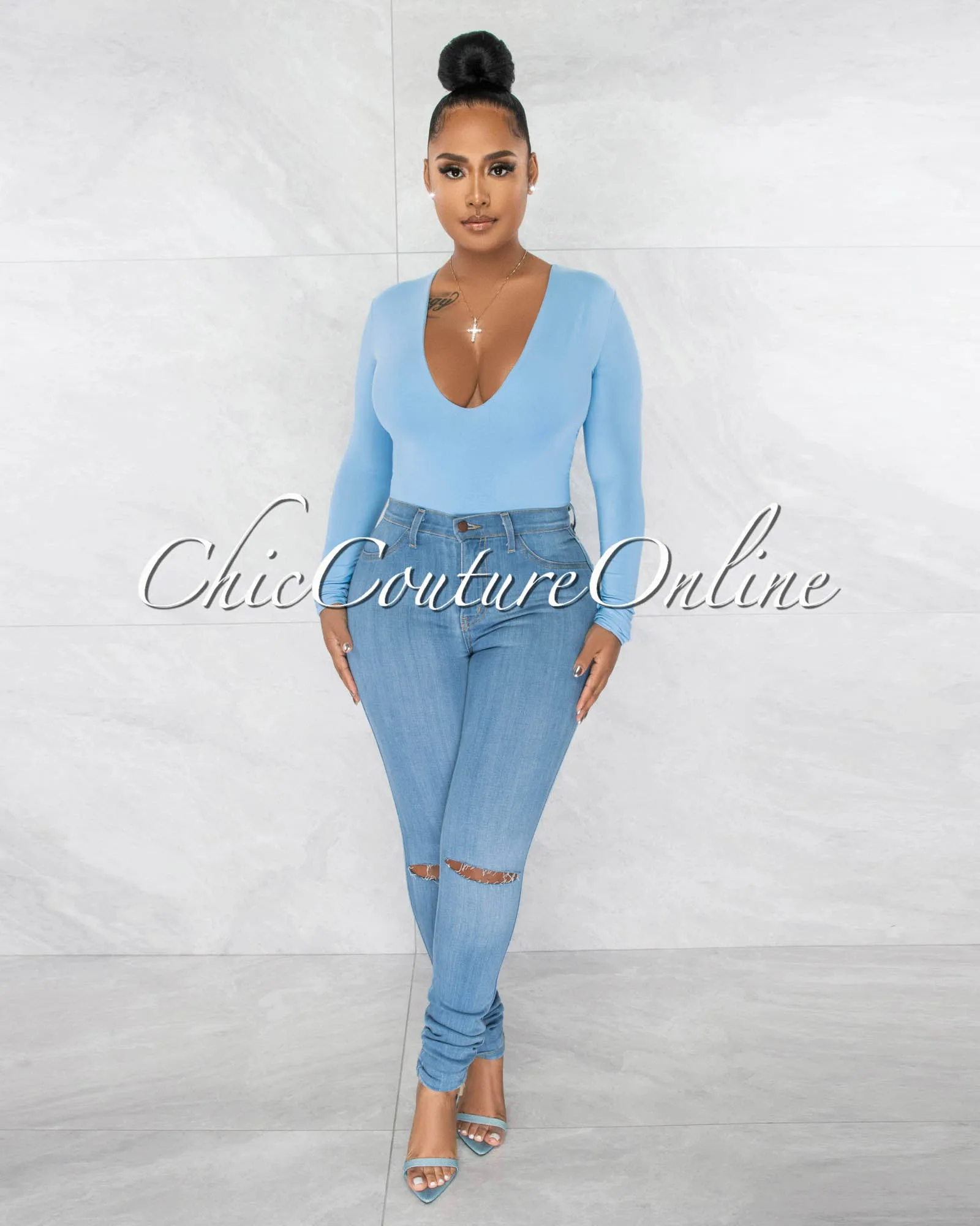 Nilam Baby Blue Deep V Neck Long Sleeves Bodysuit