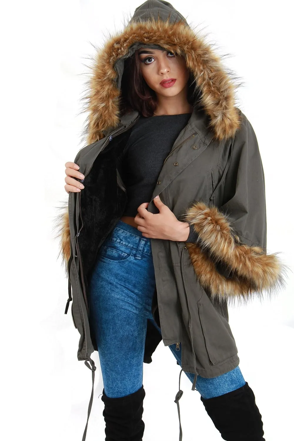 Oversized Sleeve Fur Parka Coat