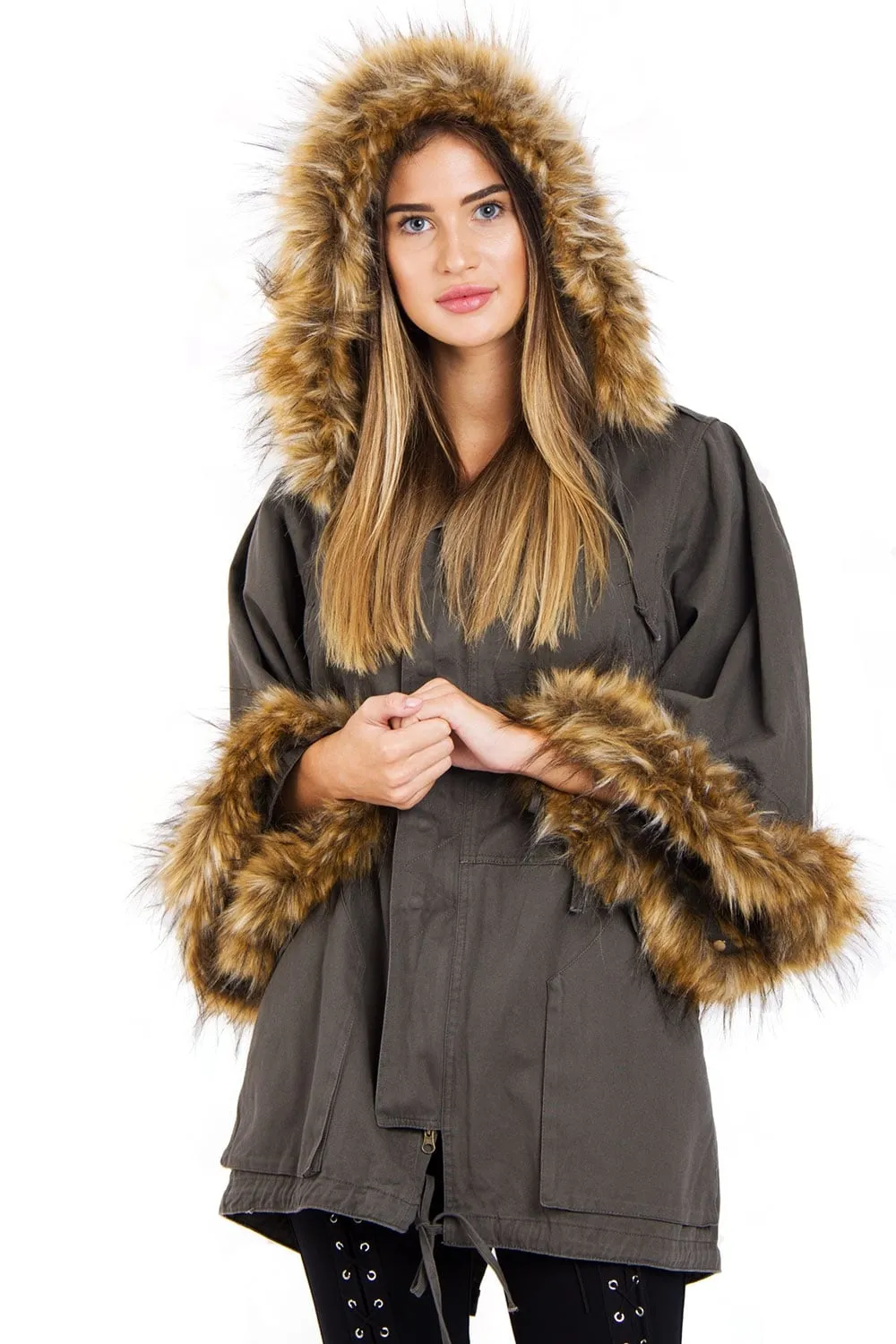 Oversized Sleeve Fur Parka Coat