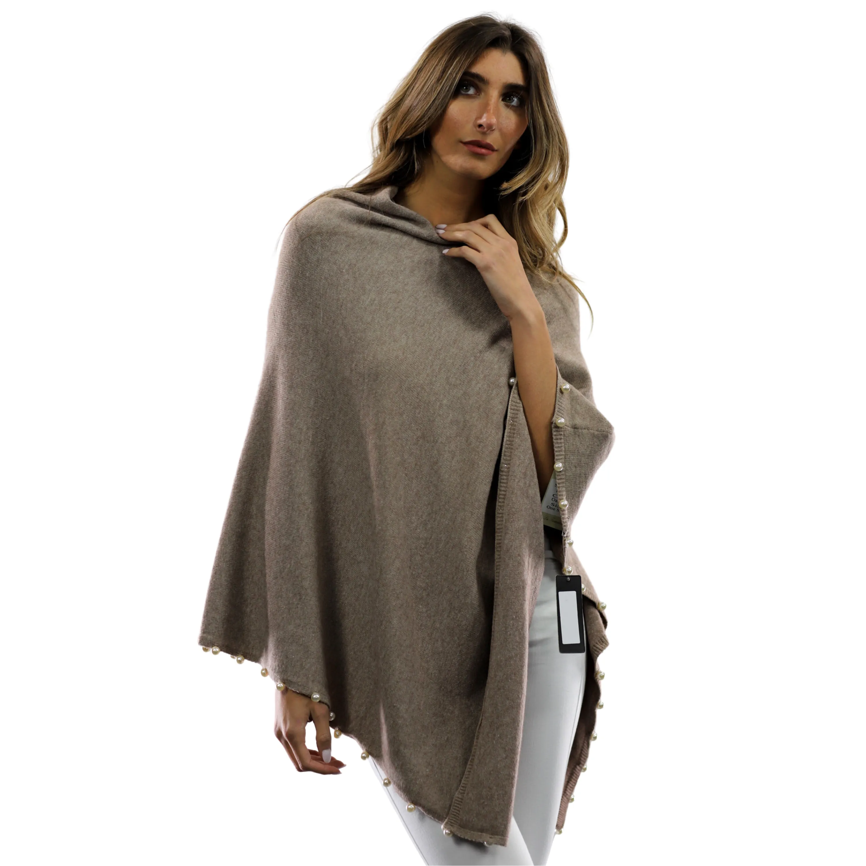 Pearl Trim Poncho - Oatmeal