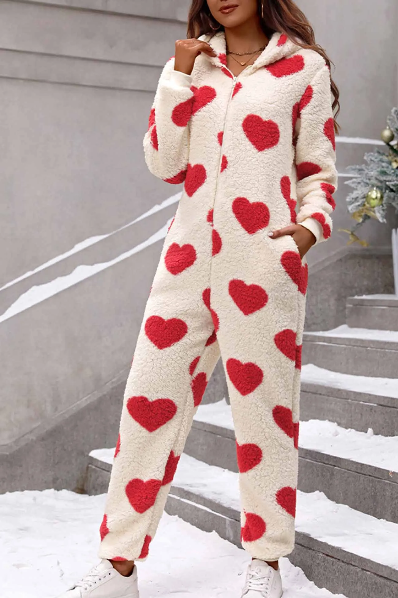 Plush Heart Zip Hooded Jumpsuits