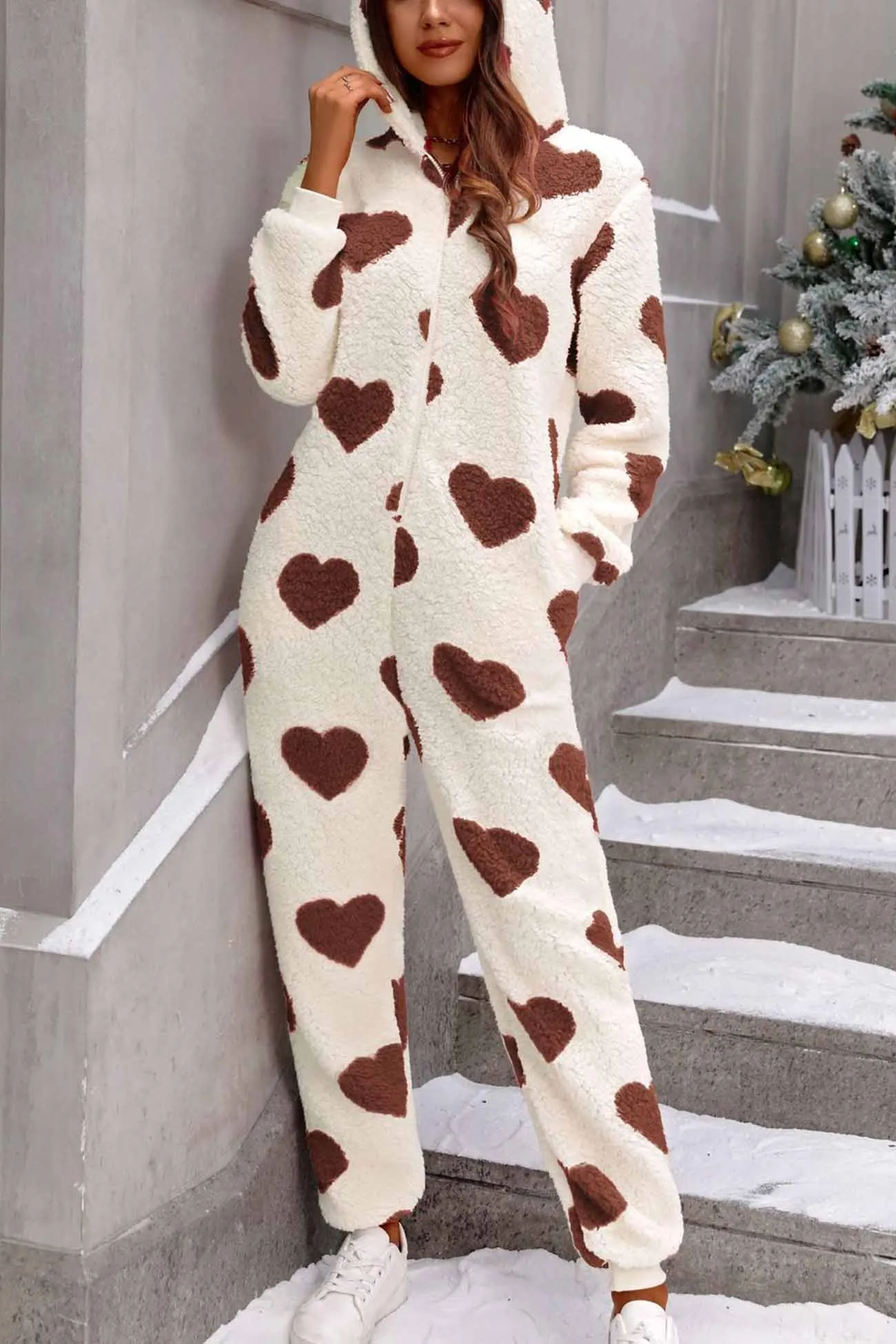 Plush Heart Zip Hooded Jumpsuits