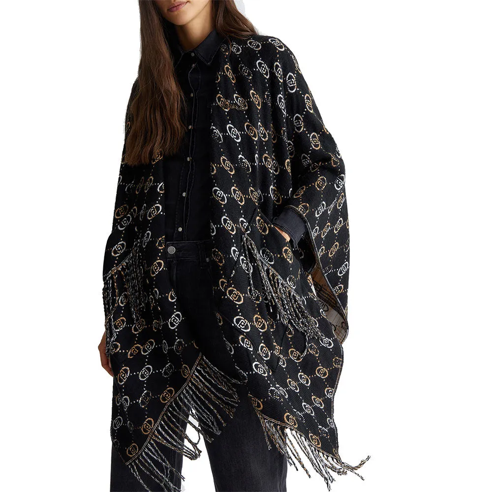 Poncho Donna LIU JO stampa Check Nero con Logo Jacquard