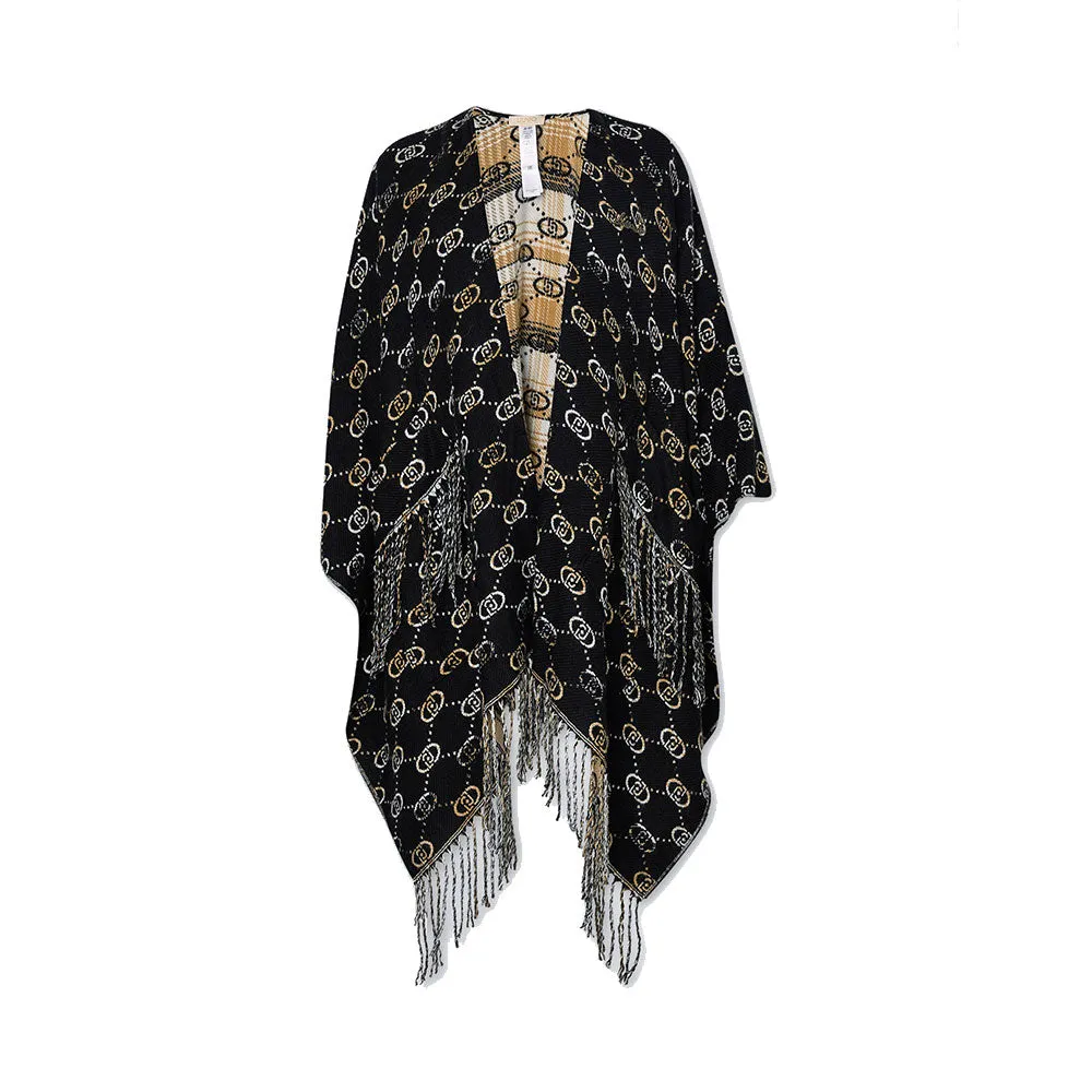 Poncho Donna LIU JO stampa Check Nero con Logo Jacquard