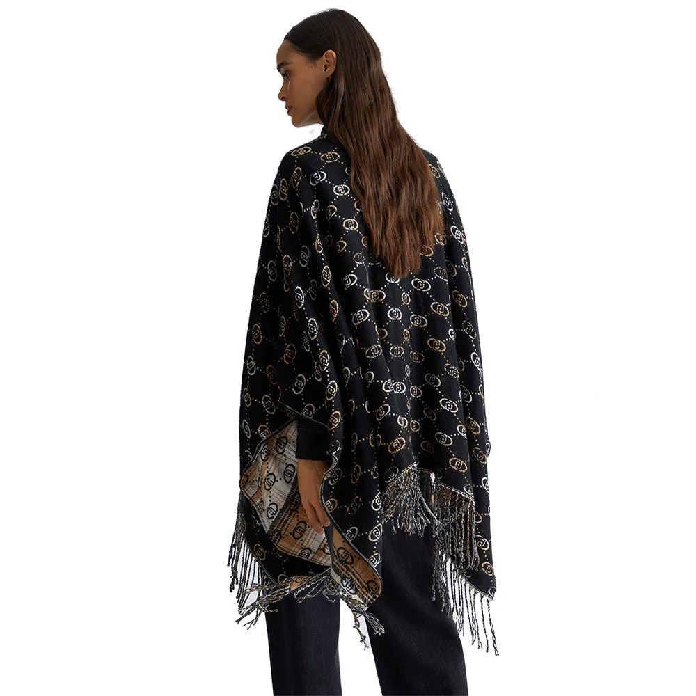 Poncho Donna LIU JO stampa Check Nero con Logo Jacquard