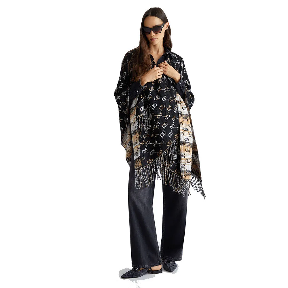 Poncho Donna LIU JO stampa Check Nero con Logo Jacquard