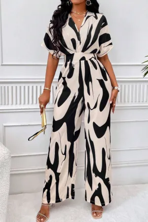 Printed V-Neck Short Sleeve Wide Leg Jumpsuit