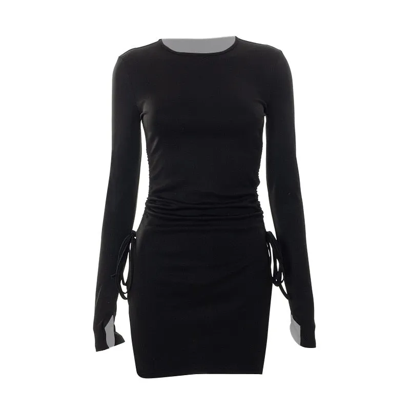 Purpdrank - Drawstring Bodycon Women Mini Dresses Y2k Punk Black Split Sexy Long Sleeve Dress Grunge Basic Partywear