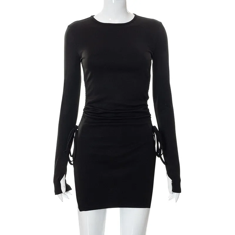 Purpdrank - Drawstring Bodycon Women Mini Dresses Y2k Punk Black Split Sexy Long Sleeve Dress Grunge Basic Partywear