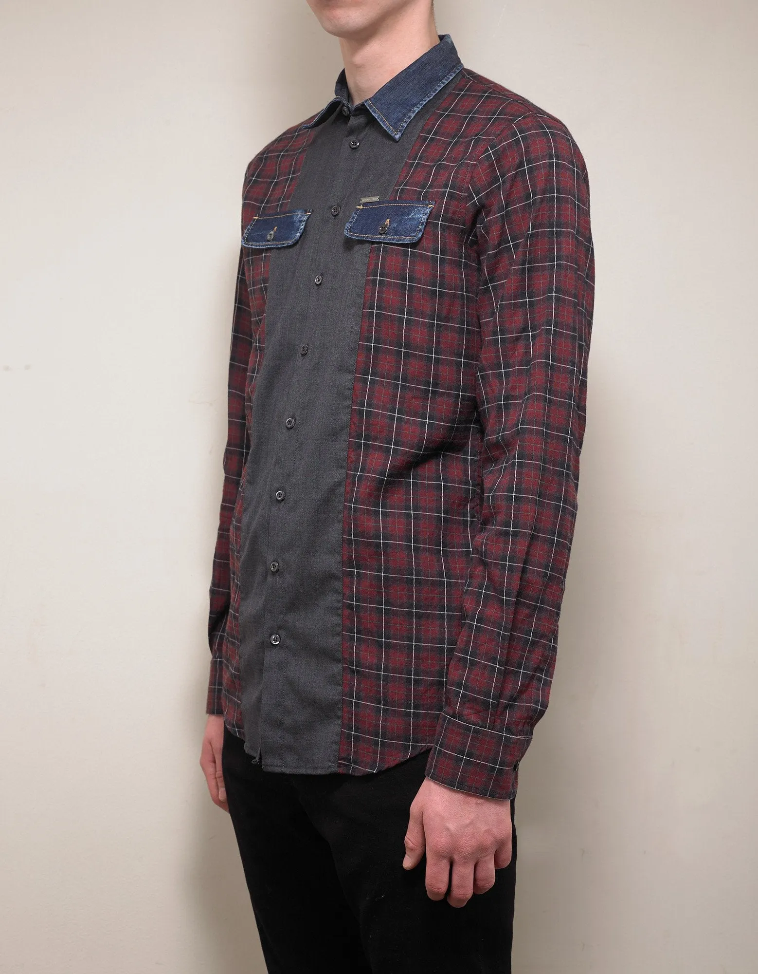 Red Check Shirt with Denim Trim