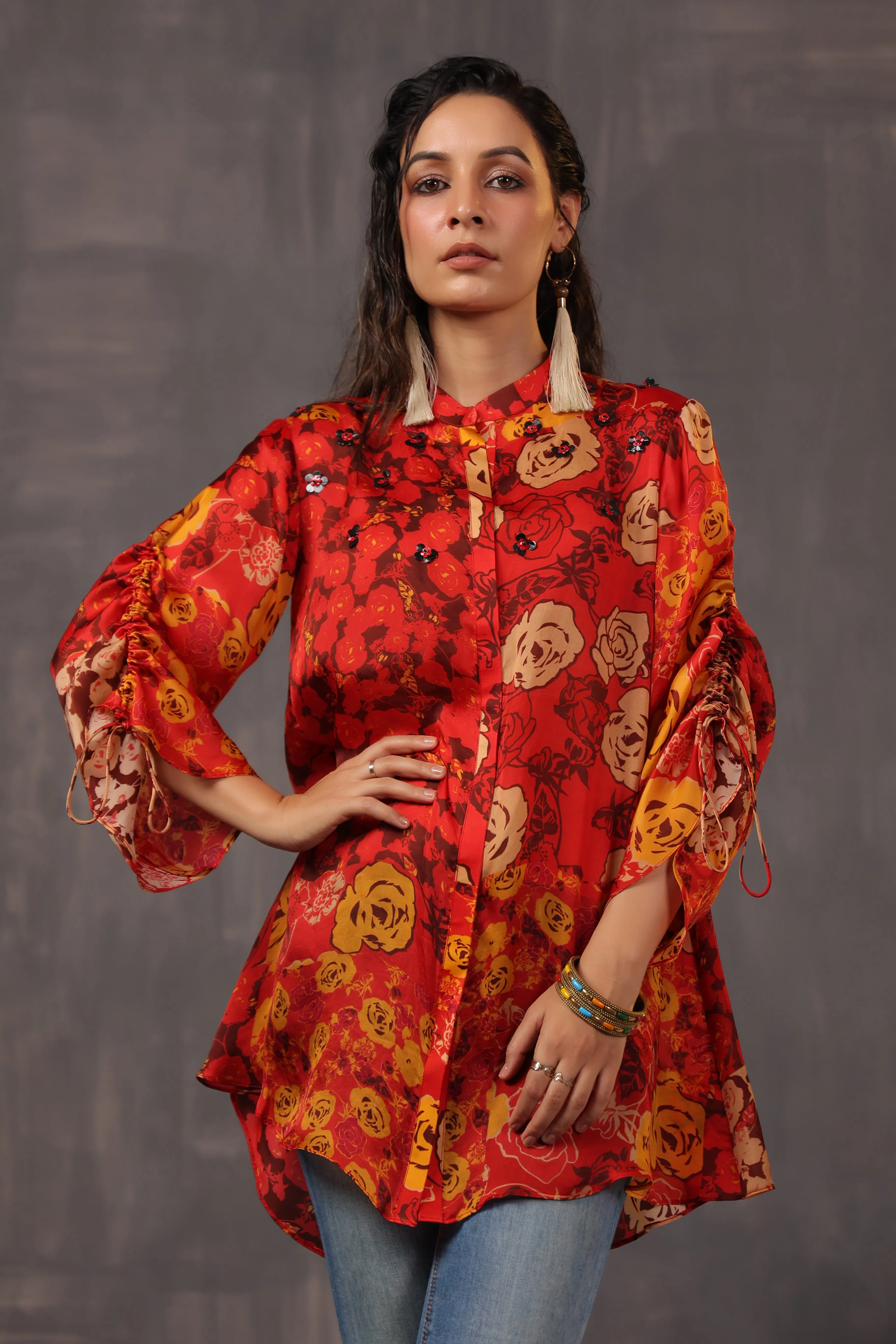 Red Digital Printed Satin Silk Shirt