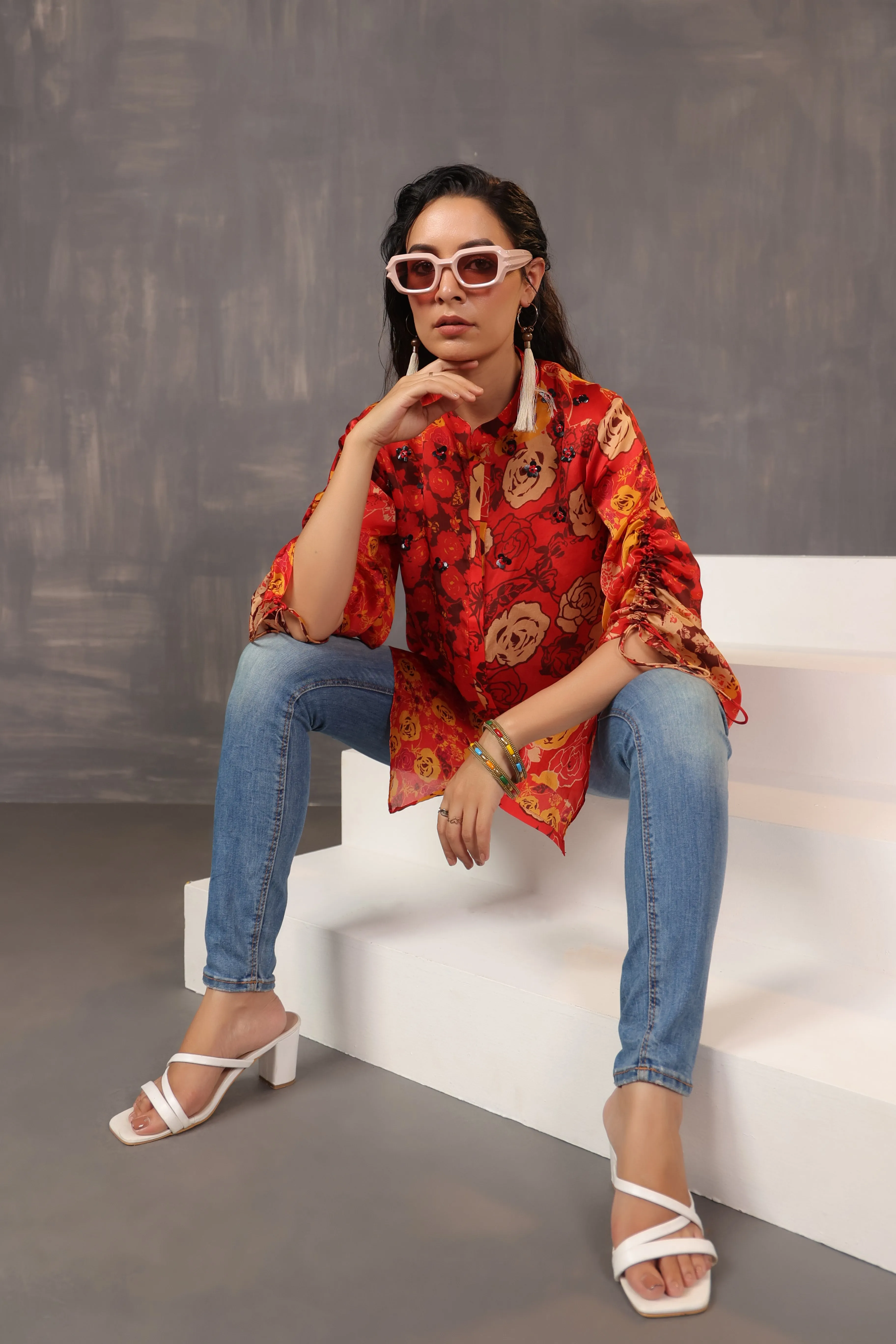 Red Digital Printed Satin Silk Shirt