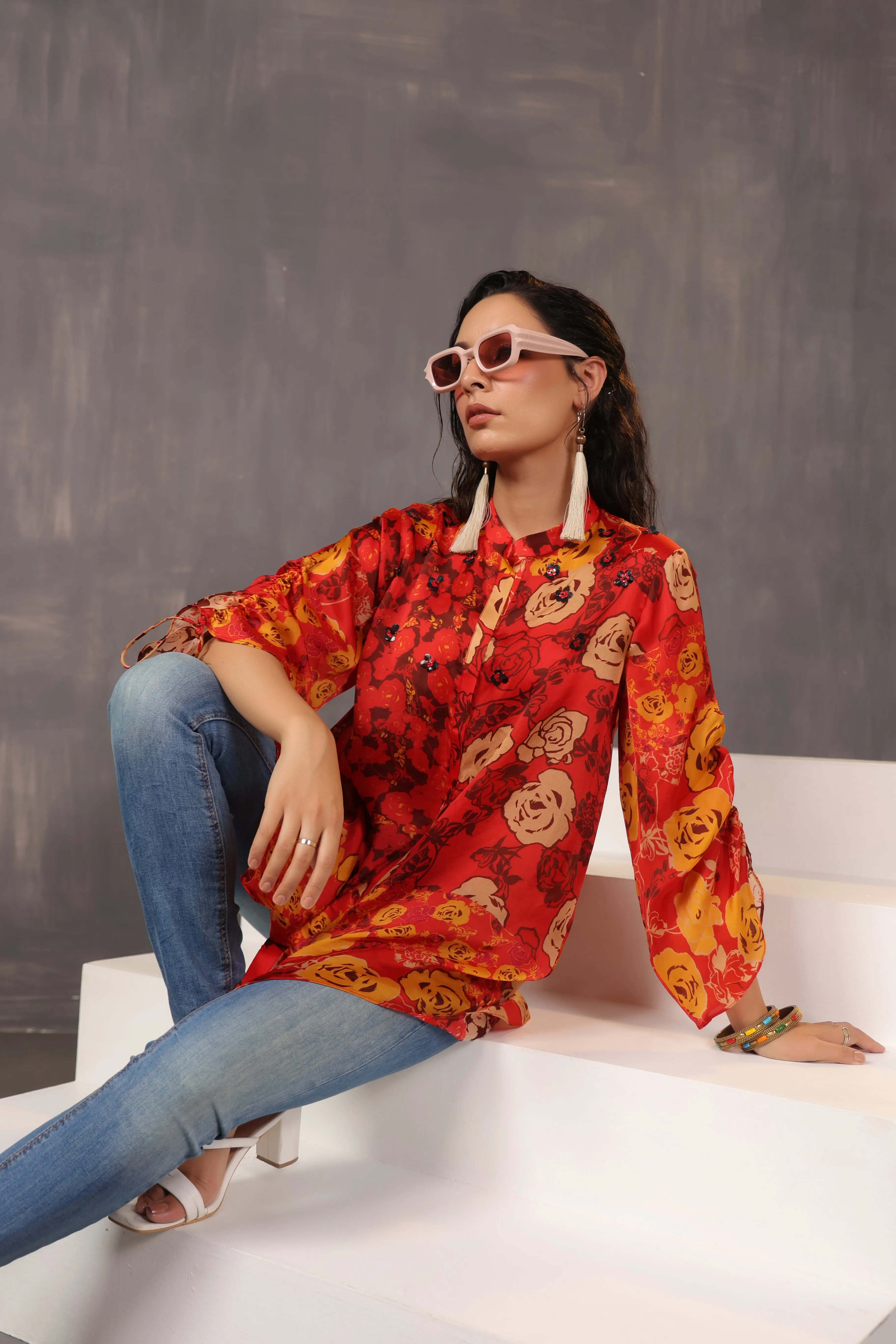 Red Digital Printed Satin Silk Shirt