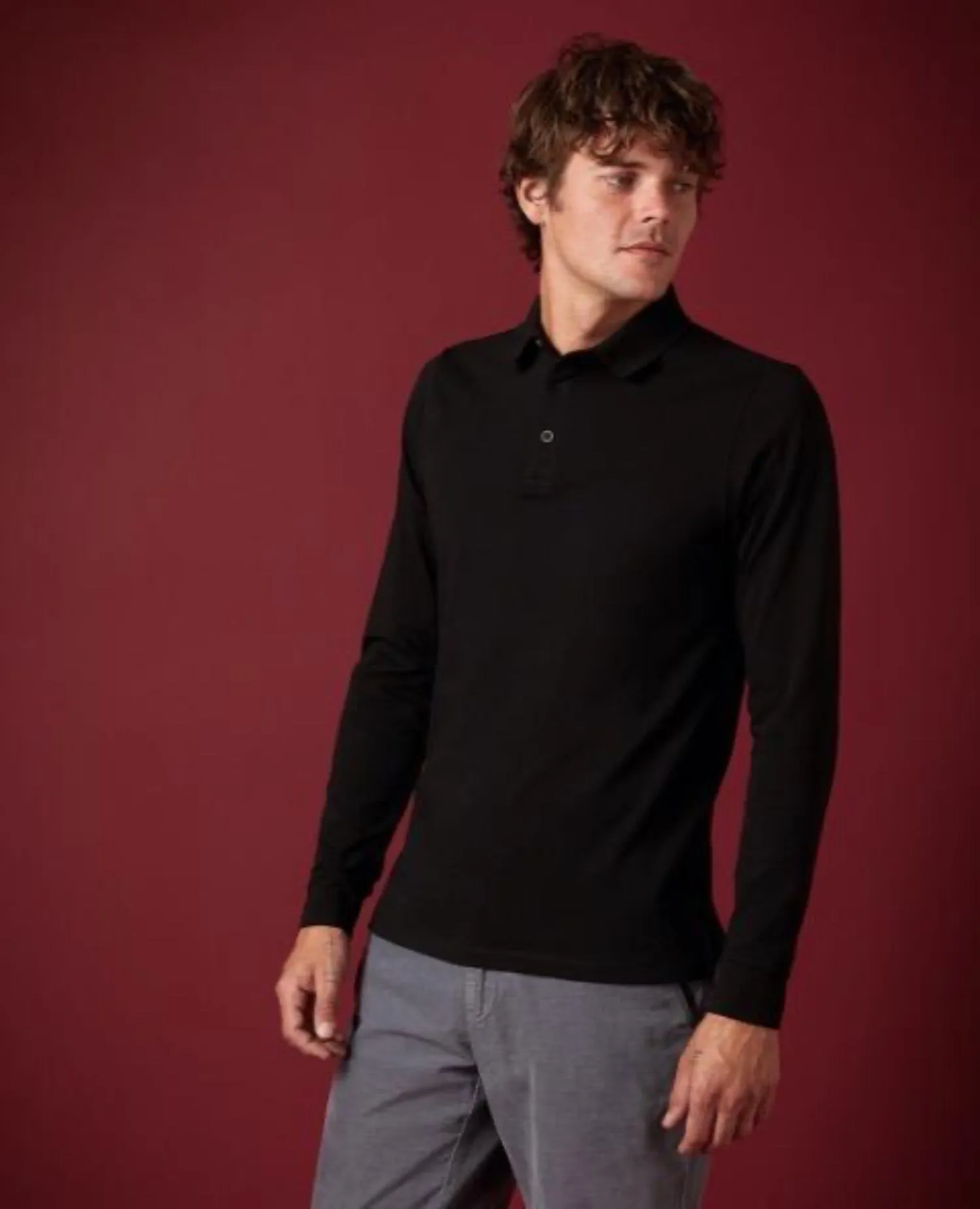 REMUS UOMO® Long Sleeve Cotton Stretch Polo Shirt/Black - New AW21