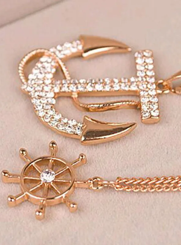 Rhinestone Anchor Rudder Pendant Long Chain Sweater Necklace