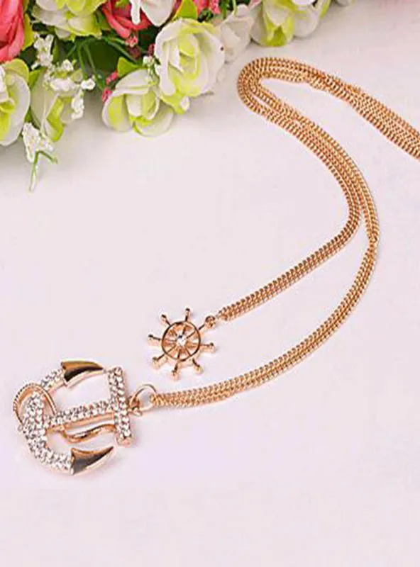 Rhinestone Anchor Rudder Pendant Long Chain Sweater Necklace