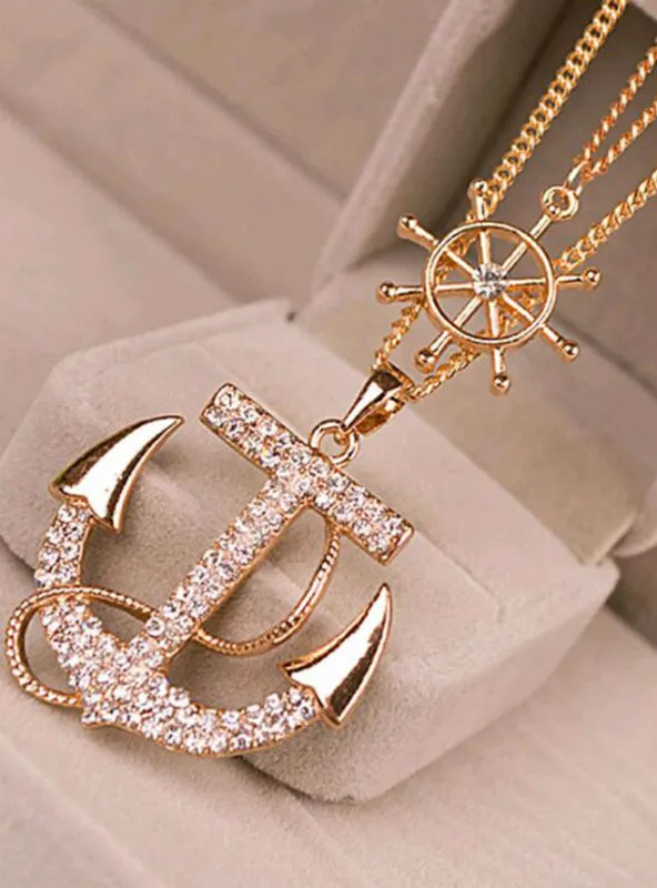 Rhinestone Anchor Rudder Pendant Long Chain Sweater Necklace