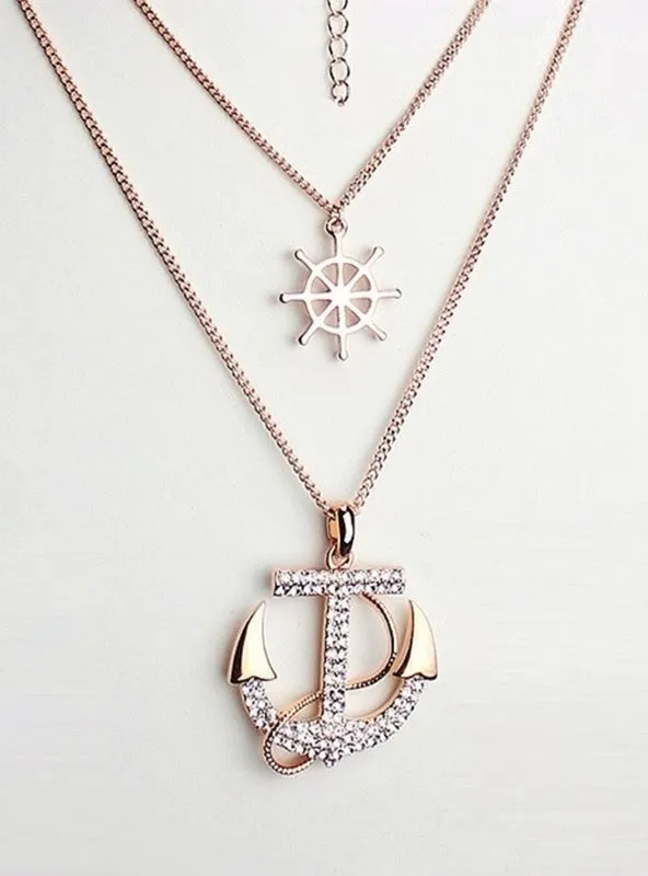 Rhinestone Anchor Rudder Pendant Long Chain Sweater Necklace