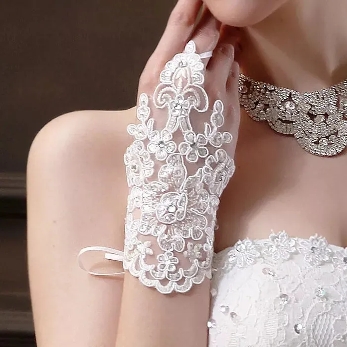 Rhinestone Lace Applique Fingerless Wrist Gloves