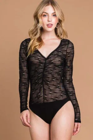 Round Neck Mesh Perspective Bodysuit